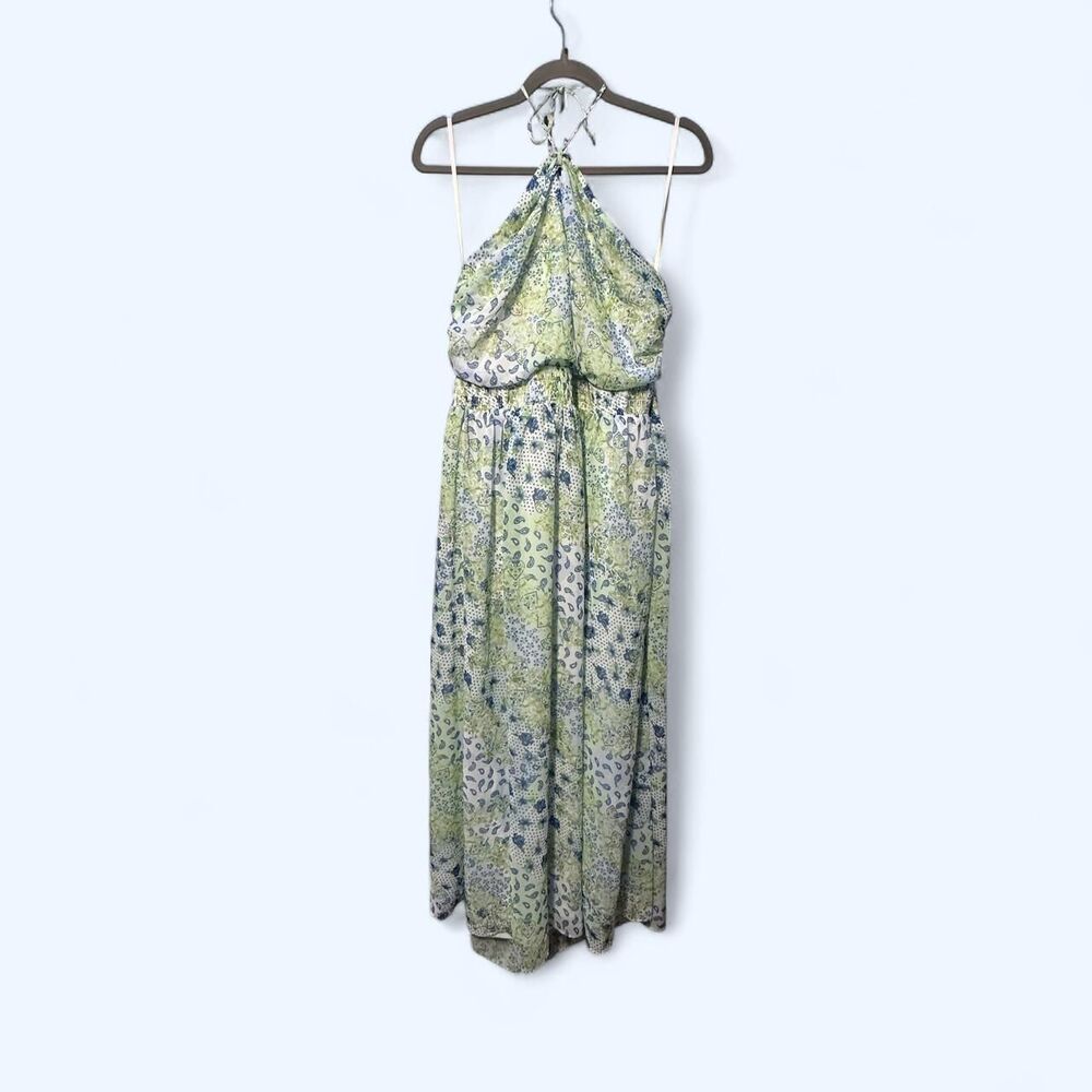BCBG Lime Green & Blue Floral Ruched Elastic Waist Tie Halter Maxi Dress Size L